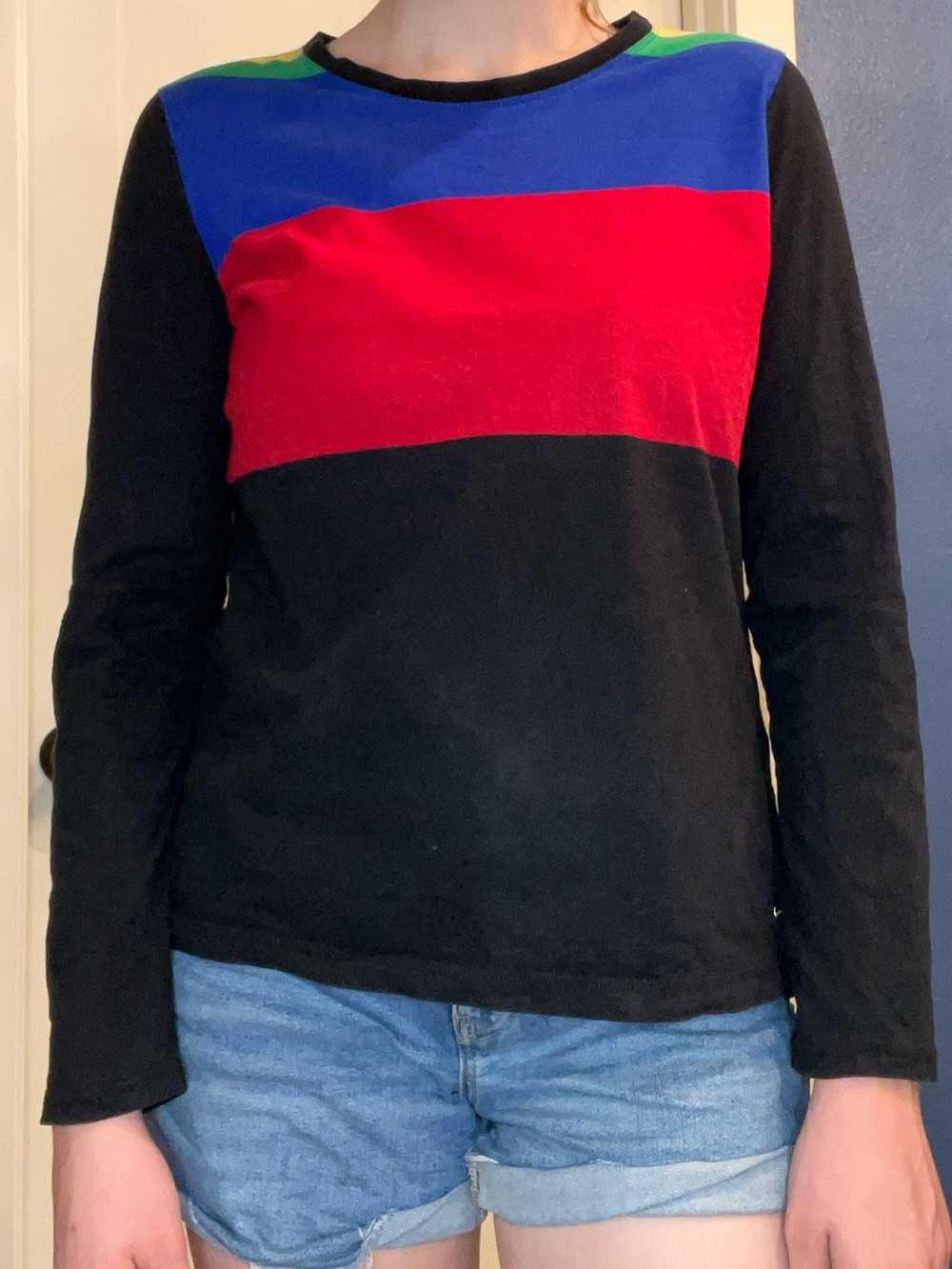 Ralph Lauren Black Long-Sleeve Tee with Blue, Red & Green Stripes